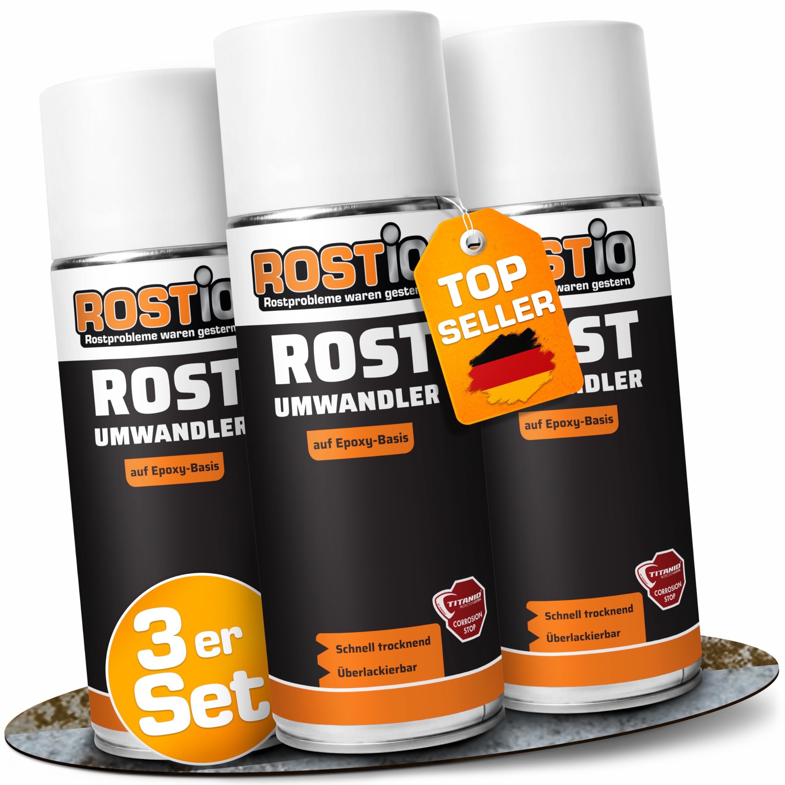 Rostio Rostumwandler Spray 3 x 400 ml – Rostkonverter & Korrosionsschutz – Rostentferner farblos – überlackierbar nach ca. 120 Min – Epoxidharz-Basis – temperaturbeständig bis 180 °C