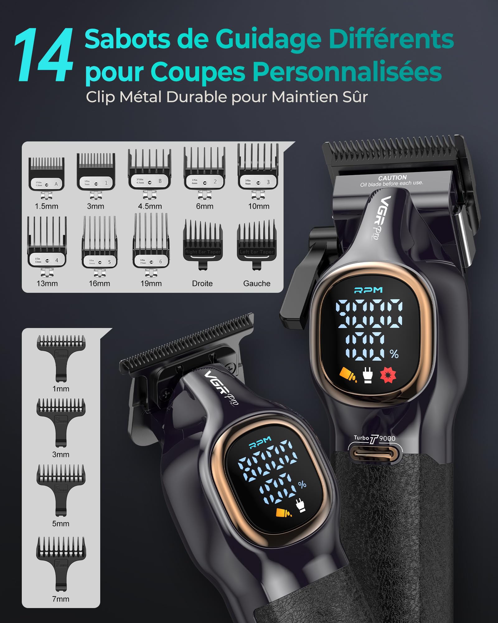 VGRPRO Tondeuse Cheveux Hommes professionnel, 9000RPM Kit Coiffeur,Sans Fil