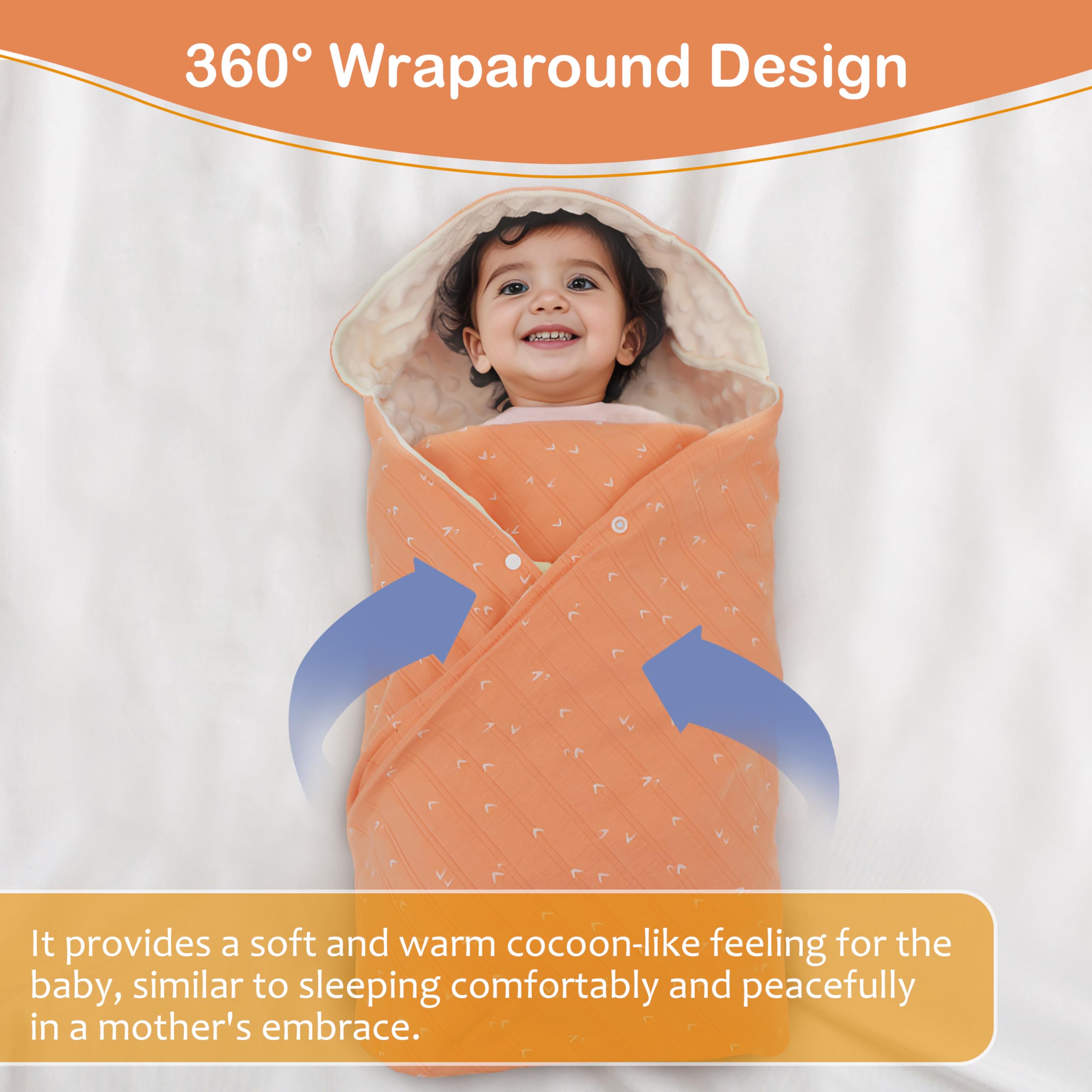 Coperta Avvolgente in 100% Cotone, 90*90cm Bifacciale Multifunzionale Copertina Accogliente con Cappuccio, Morbida Trapunta per Tutte le Stagioni, Adatto a Passeggino, Seggiolino, Unisex, Arancione
