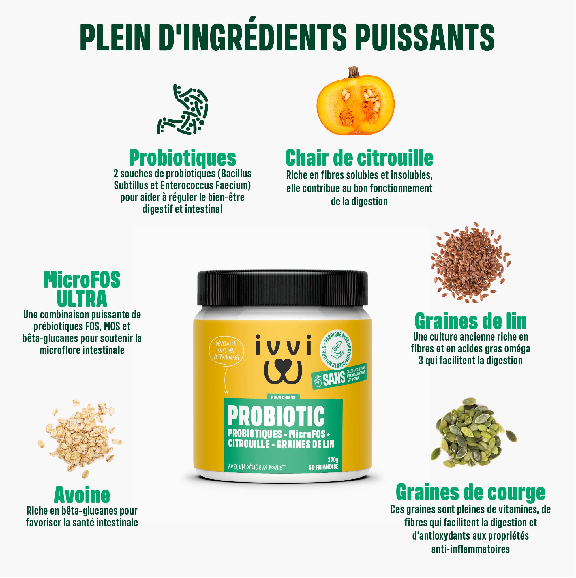 ivvi Probiotic pour Chien - Complément Alimentaire pour Bien-Être Digestif | Probiotiques, Citrouille, Avoine, Graines de Lin et de Courge, 60 Délicieuses Friandises au Poulet, 270g