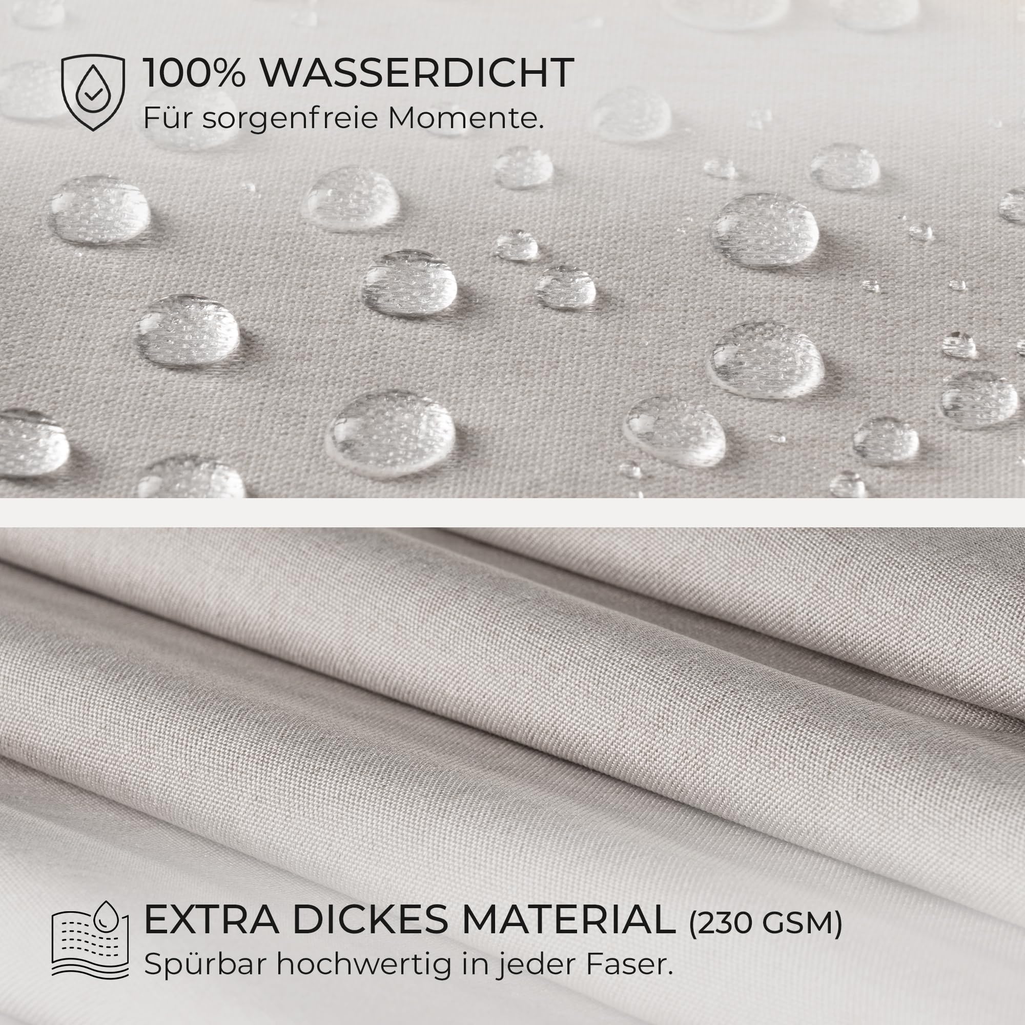Duschvorhang 180x200cm Grau – 230 GSM Leinen Wasserdicht Waschbar | 230 GSM Stoff – kein Kleben am Körper, 100% wasserdicht, 12 Metallösen mit Kugellager, maschinenwaschbar