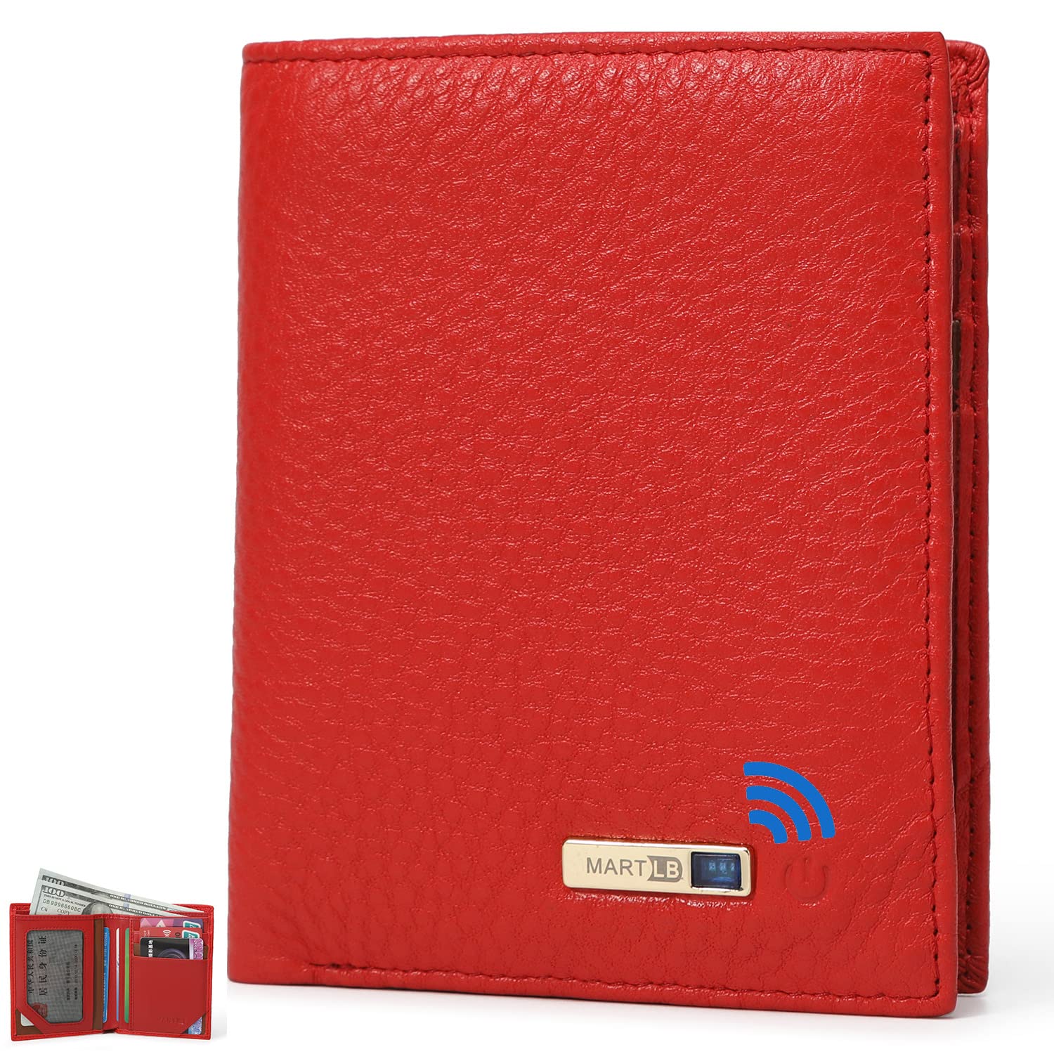 SMART LB Anti-Lost Bluetooth Wallet Tracker & Finder, Mens Slim Minimalist trackable Cool leather wallet Credit Card Holder Gifts with Box (Red)