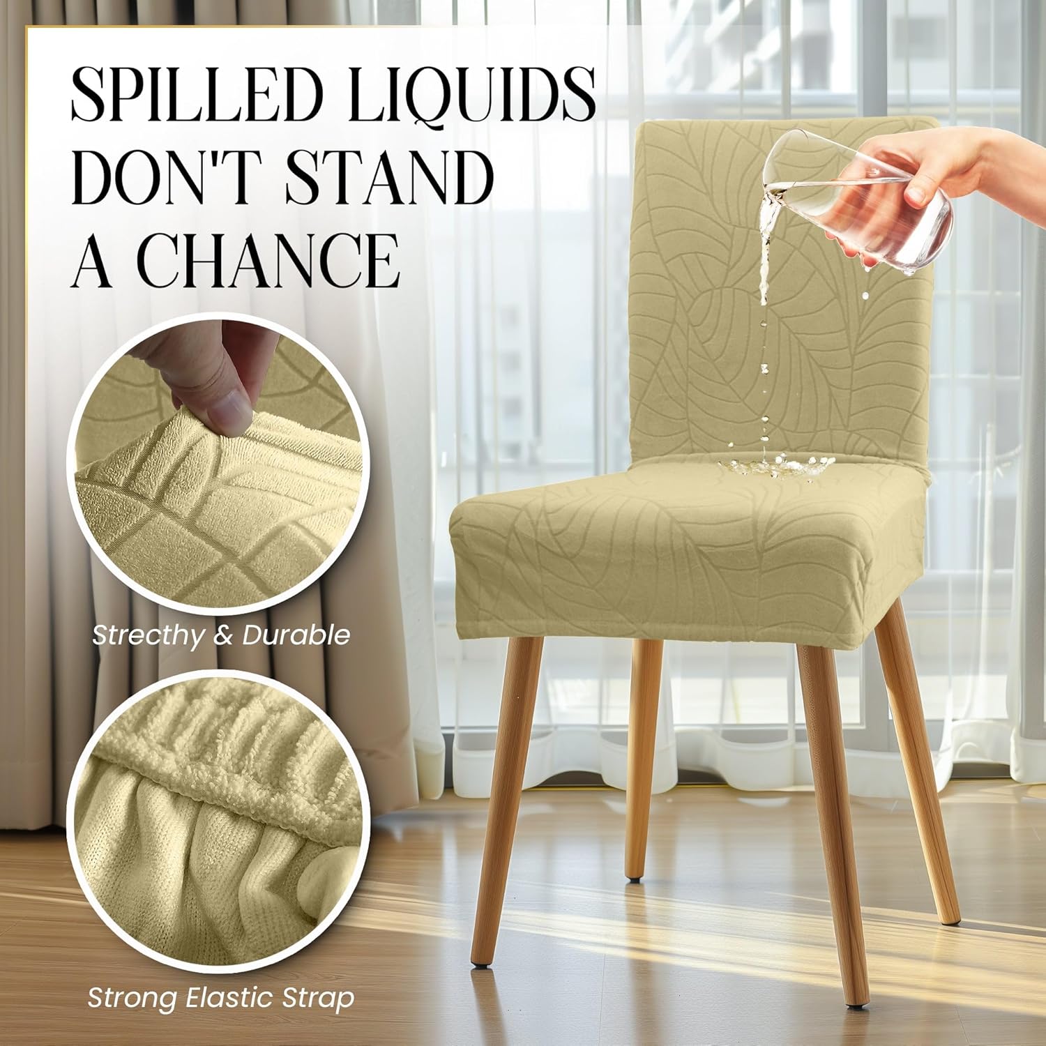 Waterproof Dining Chair Covers Set of 4 - 3 Layers Thick Fabric Parsons Chair Slip Covers - Jacquard Kitchen Chair Covers & Stretch Protectors for Dining Room, Restaurant - Removable Washable (Beige)