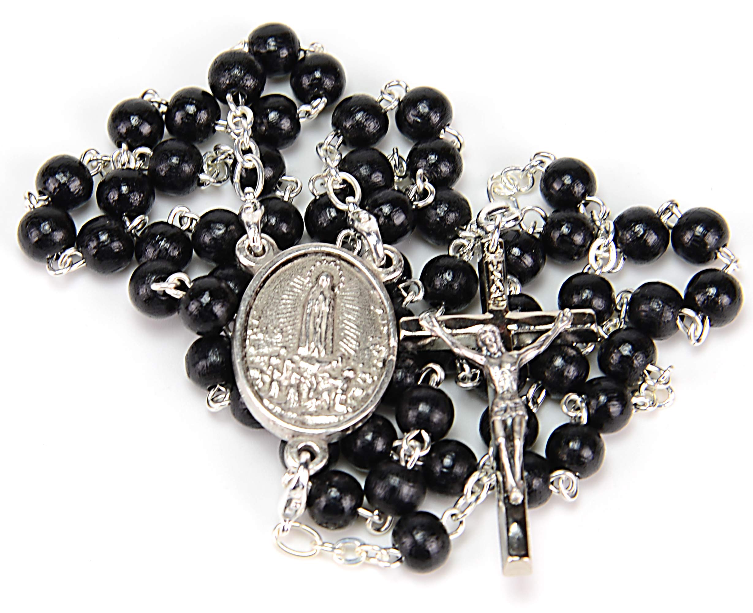 Fatima Store Rosario Madera Negra, Convertible en Colgante Hombre o Collar Mujer. Rosarios Religiosos con Medalla de la Virgen de Fatima y Bolsa para Regalo. Rosario Fatima Madera Negro VF