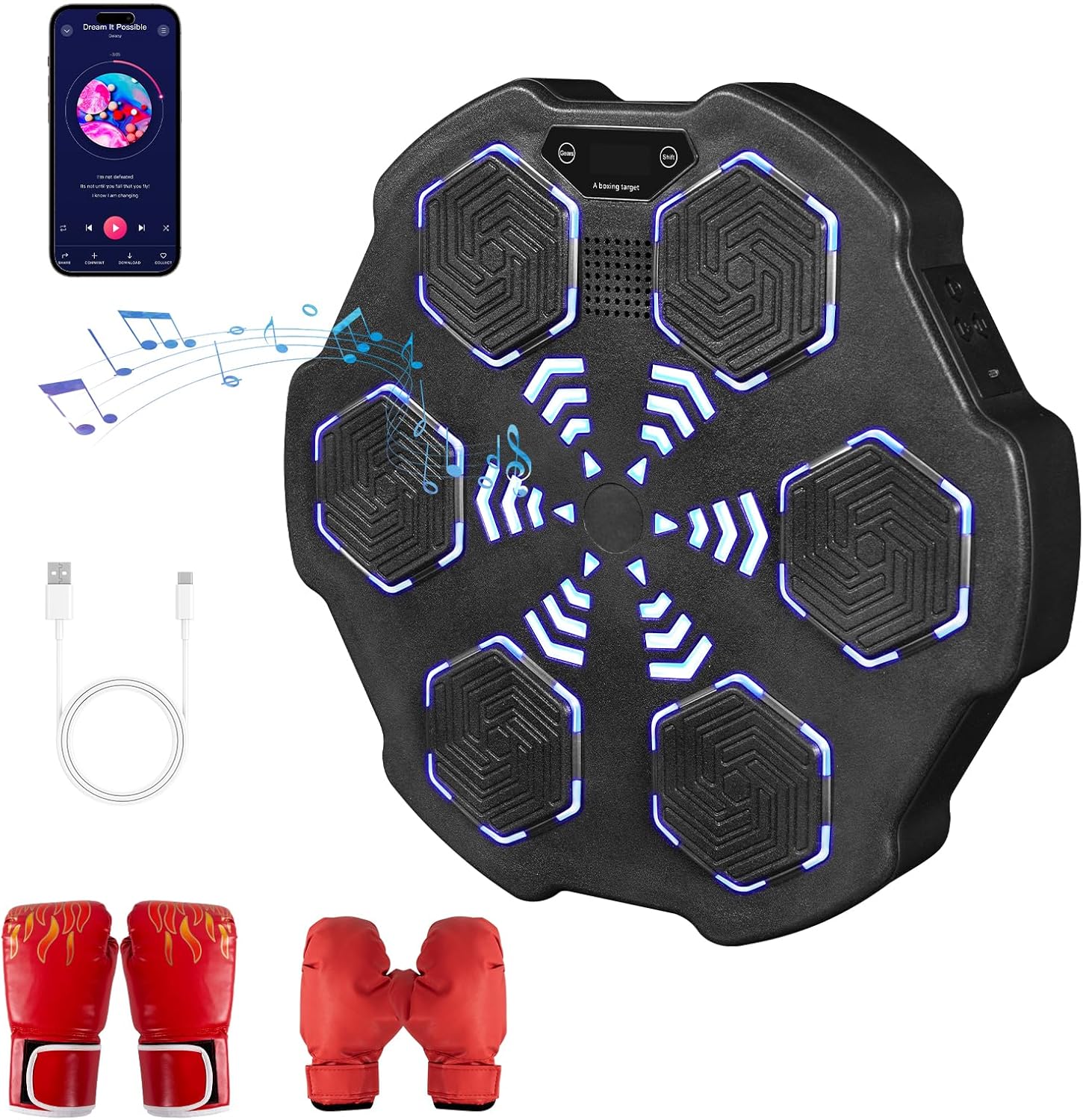 Music Boxing Machine, Smart Music Boxing Training Machine Wall Mounted, Bluetooth Boxing Workout Punching Equipment ，Gloves for Adults,Kids Included