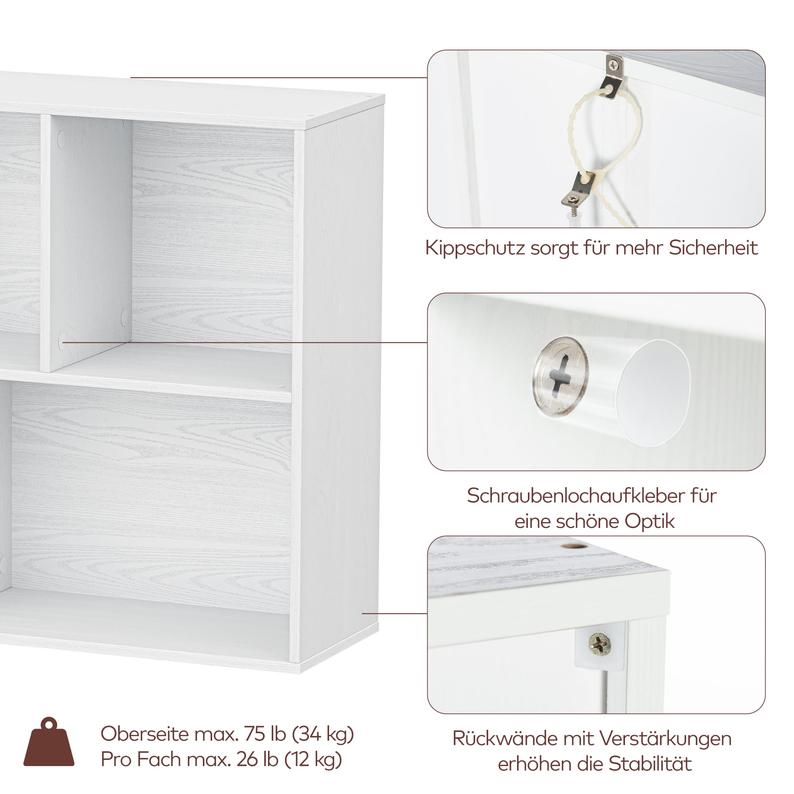 Bücherregal Würfelregal aus Holz mit 12 Fächern, Bücherschrank Standregal mit Geschlossener Rückwand, Aufbewahrungsregal & Raumteiler für Kinderzimmer Wohnzimmer Schlafzimmer Büro, Weiß