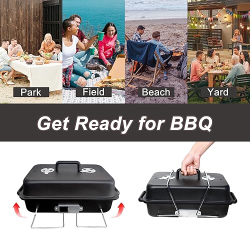 Miniatura 6 de GEERTOP Parrilla de carbón portátil con tapa, parrilla plegable para acampar al aire libre, cocina, mesa pequeña, parrilla de barbacoa para picnic,