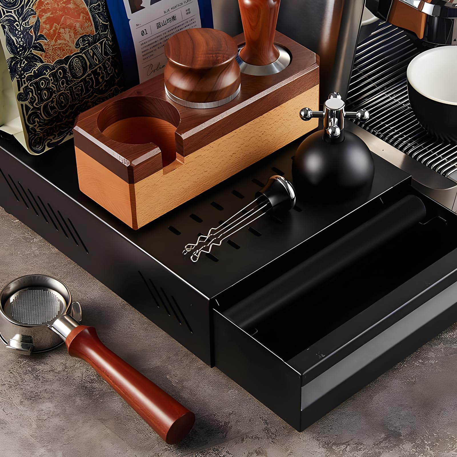 EFUTURETIME Boite Marc de Café Knock Box, Vidange du Marc de Café, Tiroir Détachable en Acier Inoxydable 350 x 250 x 100mm, Boîte à Frapper pour Collecter et Recycler le Marc de Café, Noir