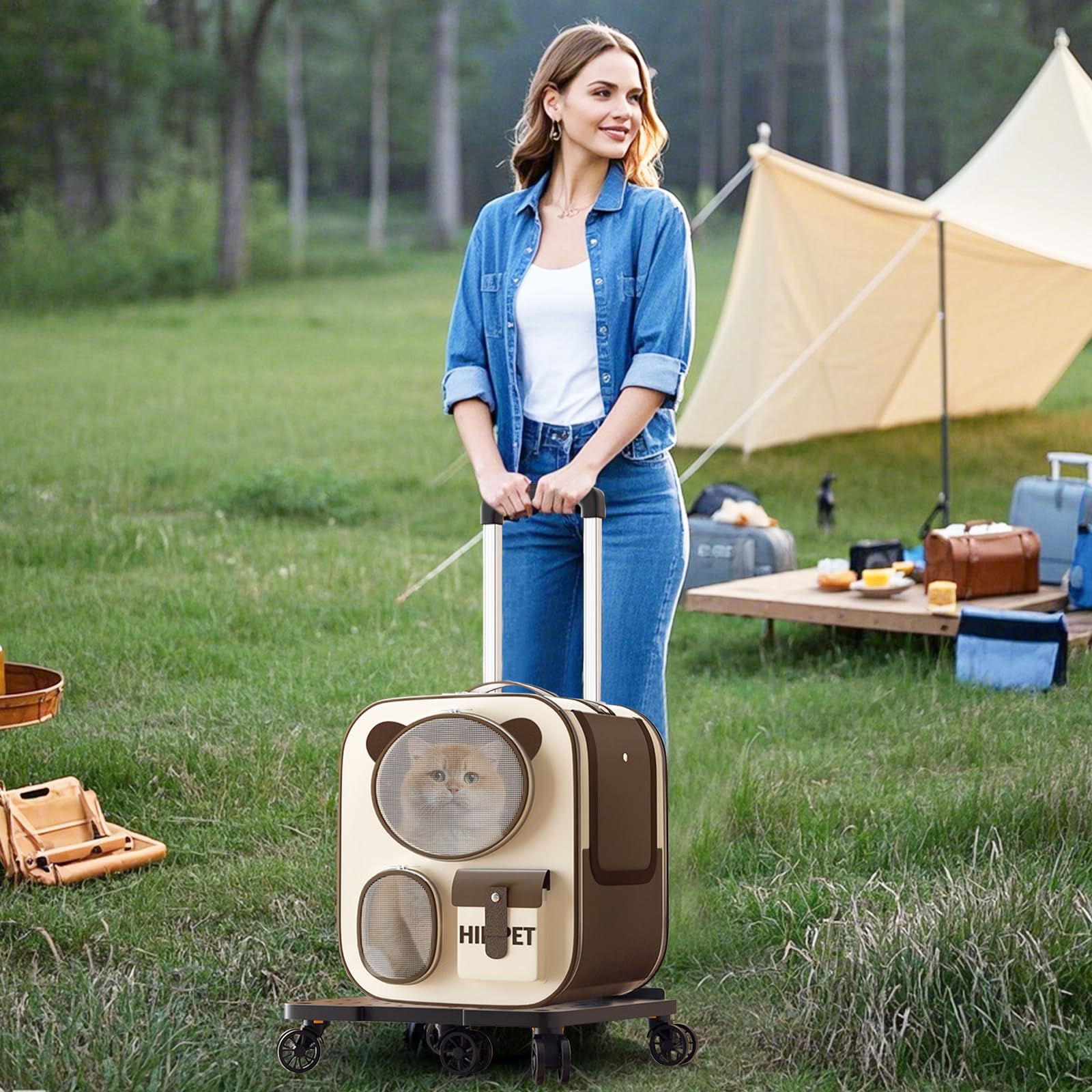 PETCUTE Transportín para Mascotas con Ruedas,Carga de 12.5 kg,Mochila para Perros con Asa Telescópica,Mochila Plegable para Gatos con Alfombrilla Extraíble,para Viajes/Senderismo,Marrón