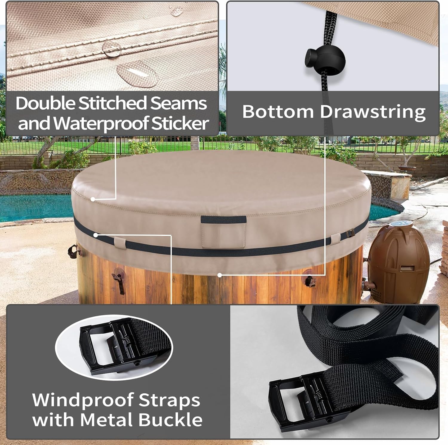 AKEfit Round Hot Tub Cover, 600D Polyester Waterproof for Hot Tub, UV Protection & Windproof, 80''x 14'', Brown