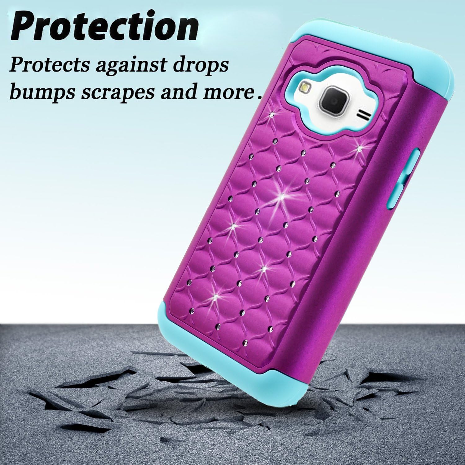 STARSHOP Galaxy Core Prime Case, Slim Dual Layer Armor Phone Case Cover with Spot Diamond Teal/Purple