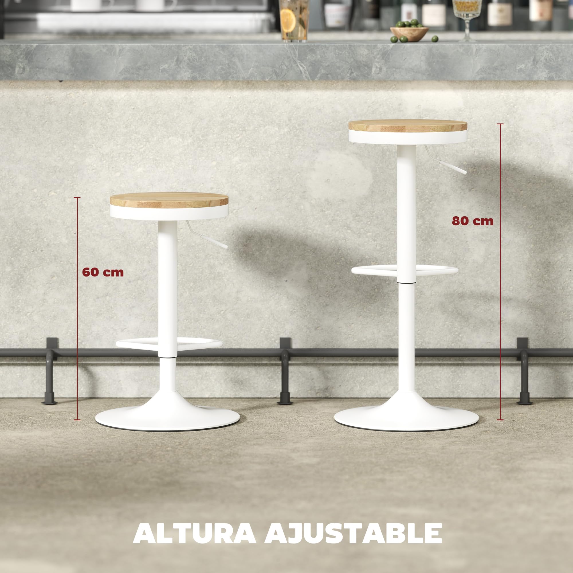 HOMCOM Juego de 2 Taburetes de Bar Giratorios Taburetes Altos de Cocina con Altura Ajustable 60-80 cm Asiento de Madera Marco de Acero y Reposapiés para Comedor Mostrador Natural y Blanco