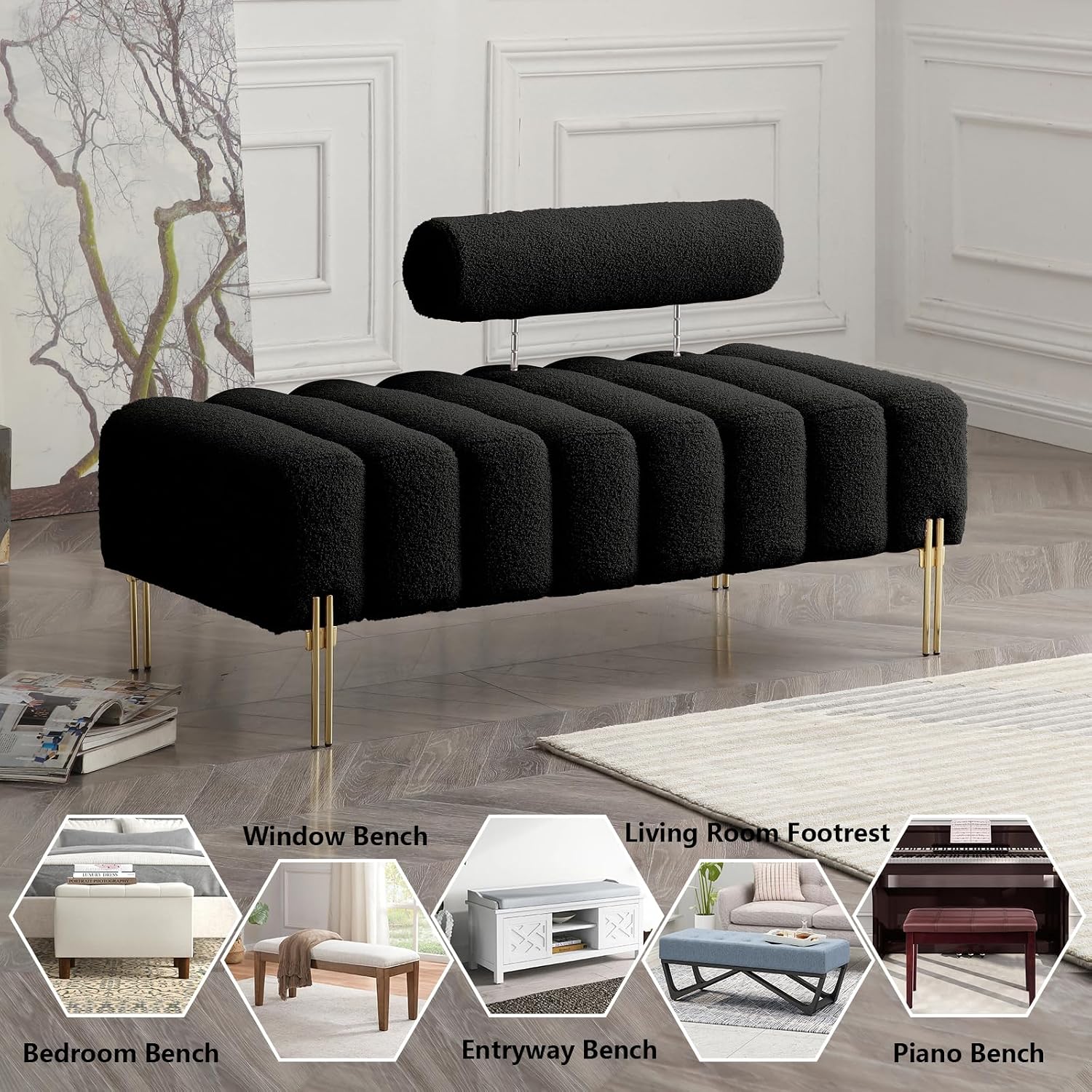 Aoowow Bedroom Ottoman Bench End of Bed Channel Tufted Rectangular Ottoman Benches 53.2" Long Teddy Fabric Window Entryway Bench Sherpa Footrest with Golden Metal Legs (Without Storage, Black)