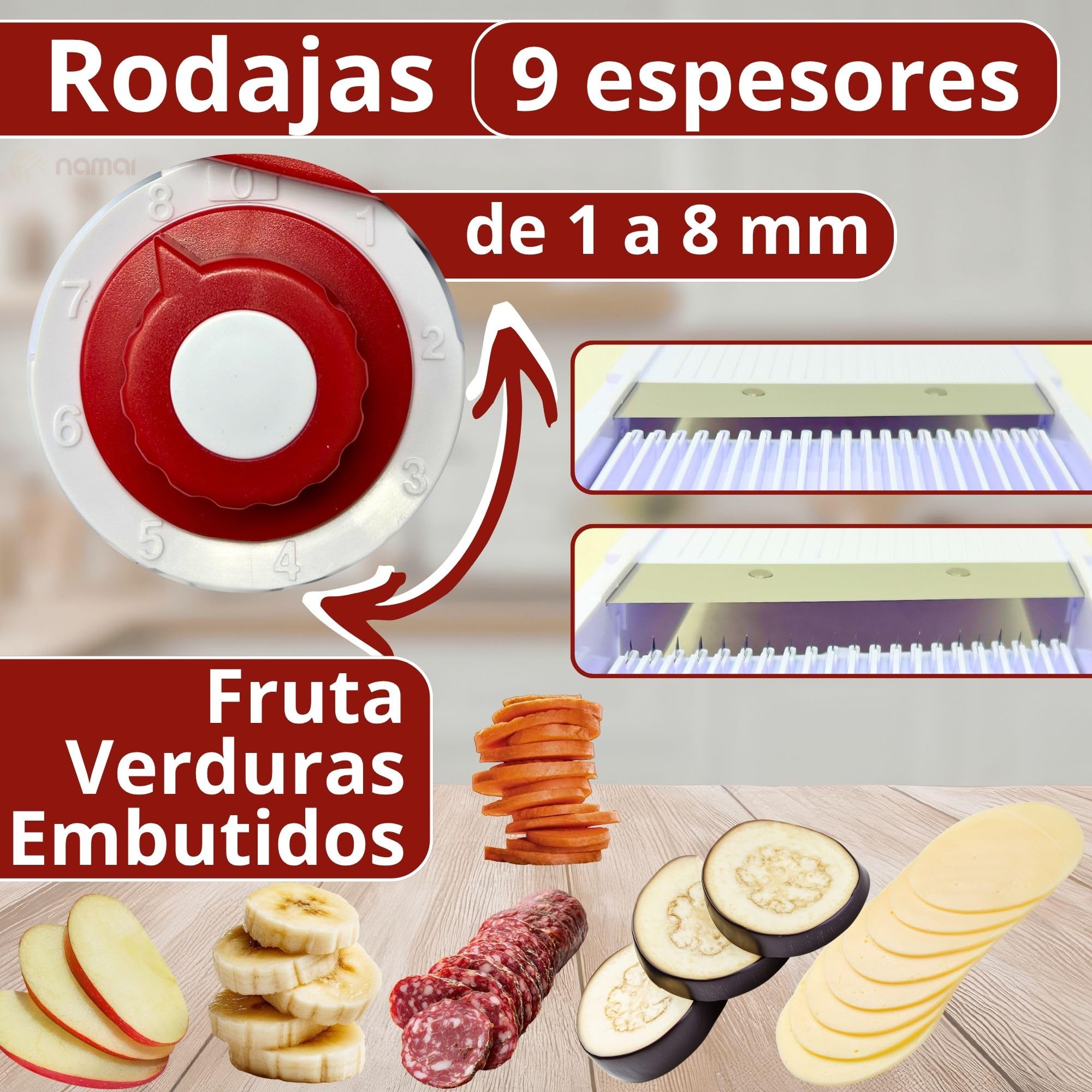 NAMAI - Mandolina de Cocina Profesional con 27 Combinaciones de Corte, Cuchillas de Acero Inoxidable Resistente, Apta Para el Lavavajillas, Cortadora de Verduras, Práctica y Segura
