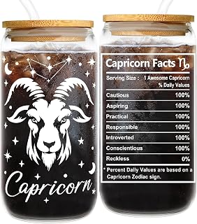 FatWongcoi Capricorn Birthday Gifts for Women Men - 16oz Capricorn Glass Cup with Lid Straw - Zodiac Astrology Tumbler for Mom Sister Friend - Constellation Glass Mug for Boss Lady Coworker