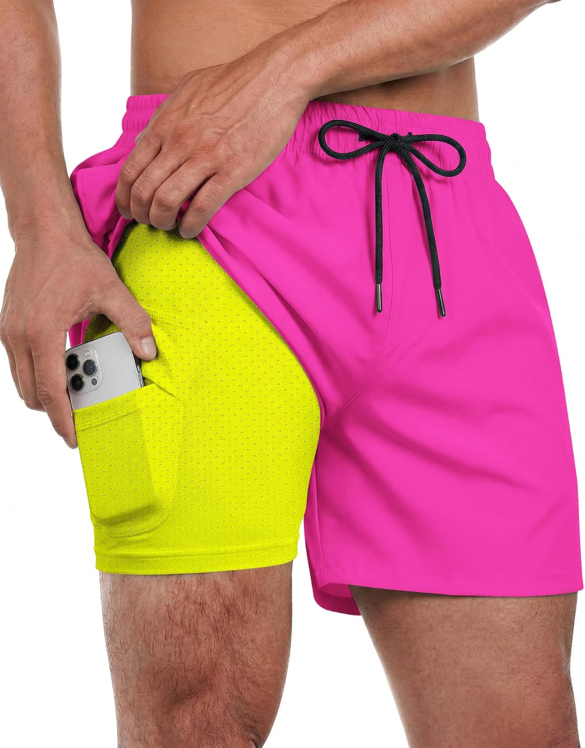 Men Swim Trunks with Compression 5 Inches Breathabe Liner Quick Dry Zipper Pockets for Board Beach Gym Running