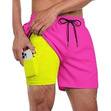 Men Swim Trunks with Compression 5 Inches Breathabe Liner Quick Dry Zipper Pockets for Board Beach Gym Running
