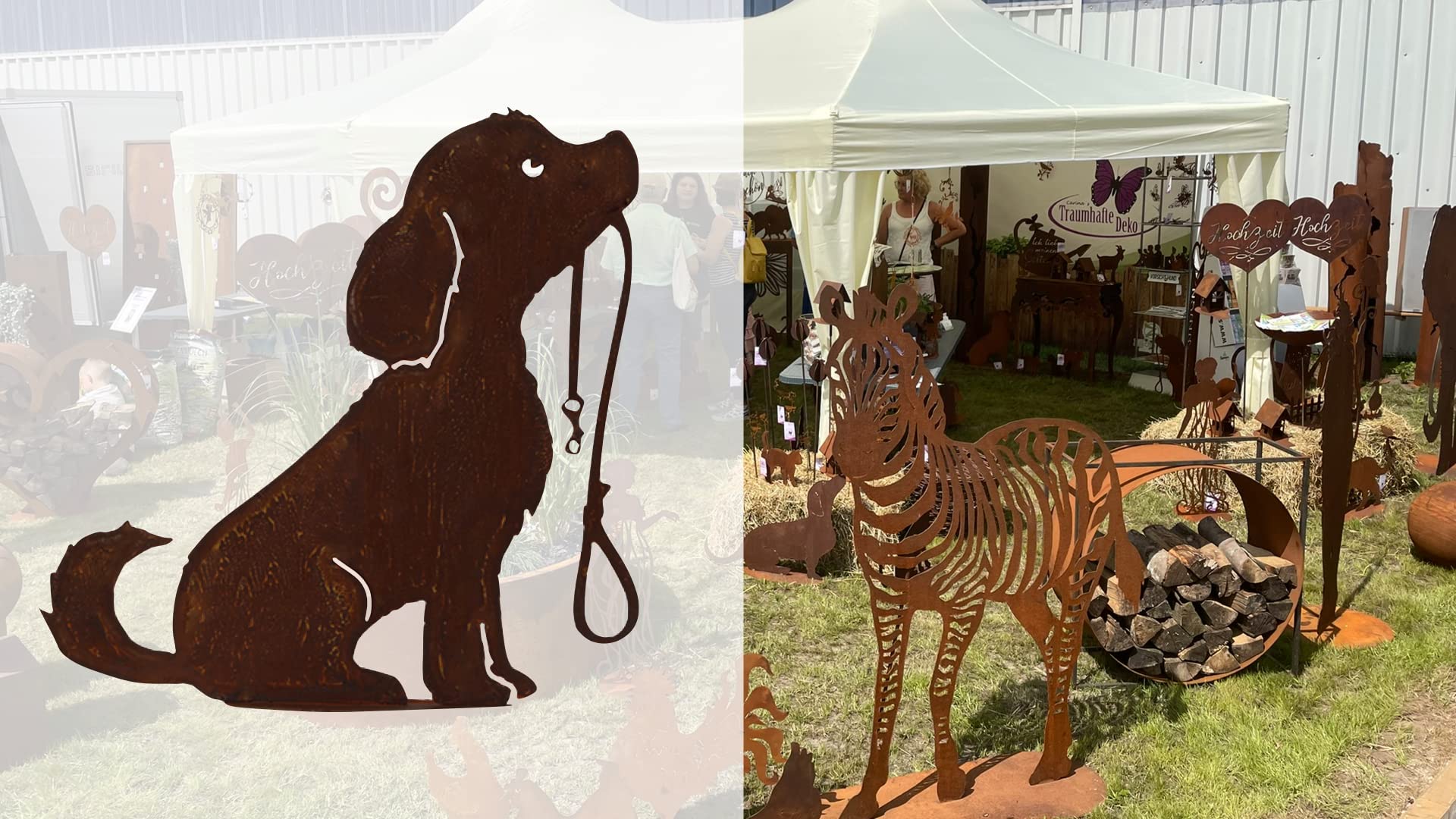 Figurine Chien Avec Laisse Sur Socle – 50 Cm – Sculpture Jardin En Acier Rouillé – Décoration Extérieure Rustique & Élégante