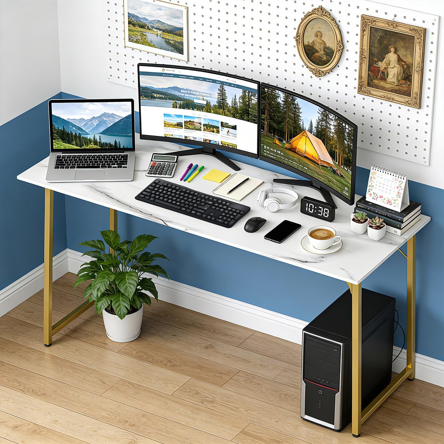 BestOffice Computer Desk,Home Office Desk, Modern Simple Style for Home Office Study Writing (Gold, 63 Inch)