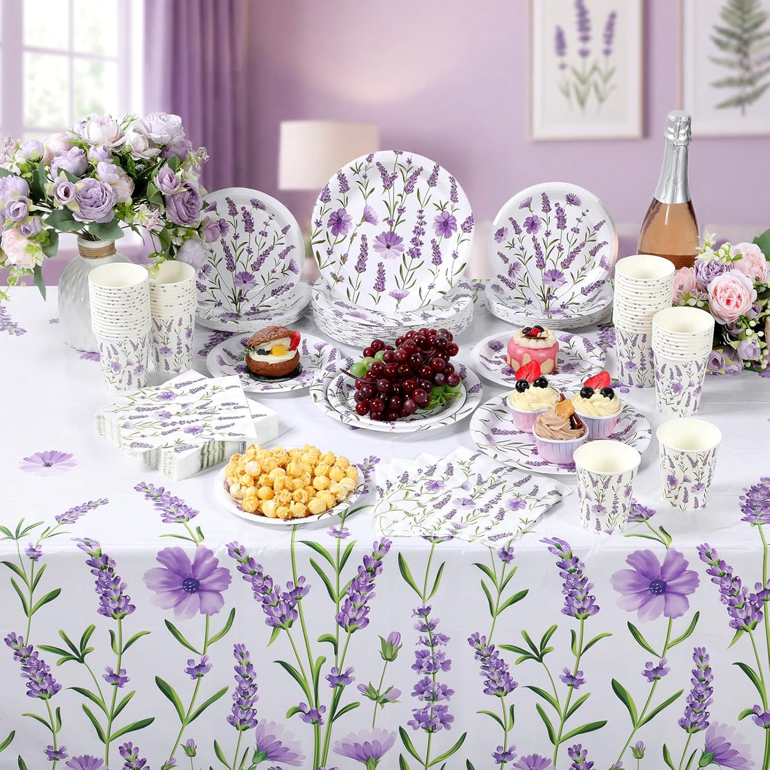 Layhit 202 Pcs Purple Lavender Floral Party Decorations Supplies Lavender Paper Plates Napkins Cups Butterfly and Spring Tablecloth for Wedding Anniversary Birthday Tea Party Serve 50