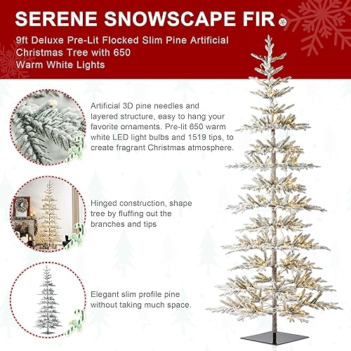 Vista 84 de Glitzhome Prelit Christmas Tree, 6ft Flocked Artificial Christmas Tree Serene Snowscape Fir with 300 Warm White Lights for Home, Office, Party