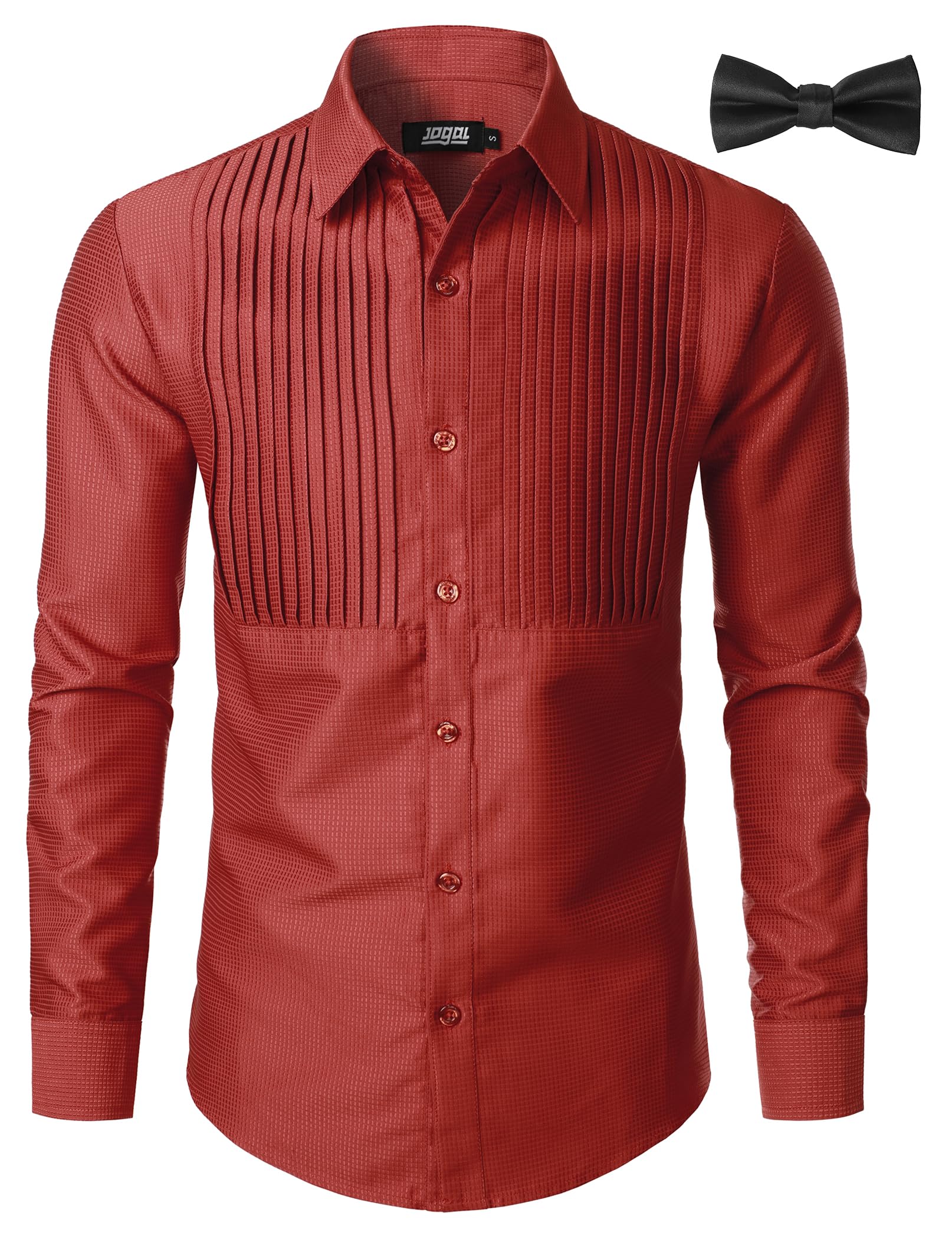JOGAL Men's Tuxedo Shirt Pleated Dress Shirts with Bow Tie for Party Wedding