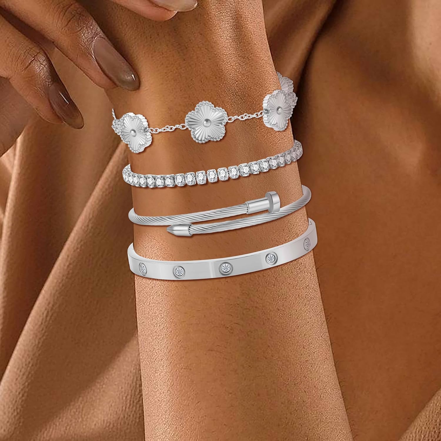 5pcs Gold Stackable Bracelet Set for Women - Stainless Steel Non-Tarnish Clover Lucky Charm Jewelry, Trendy Gift for Girlfriend/Wife on Christmas Valentine’s Birthday - Image 2