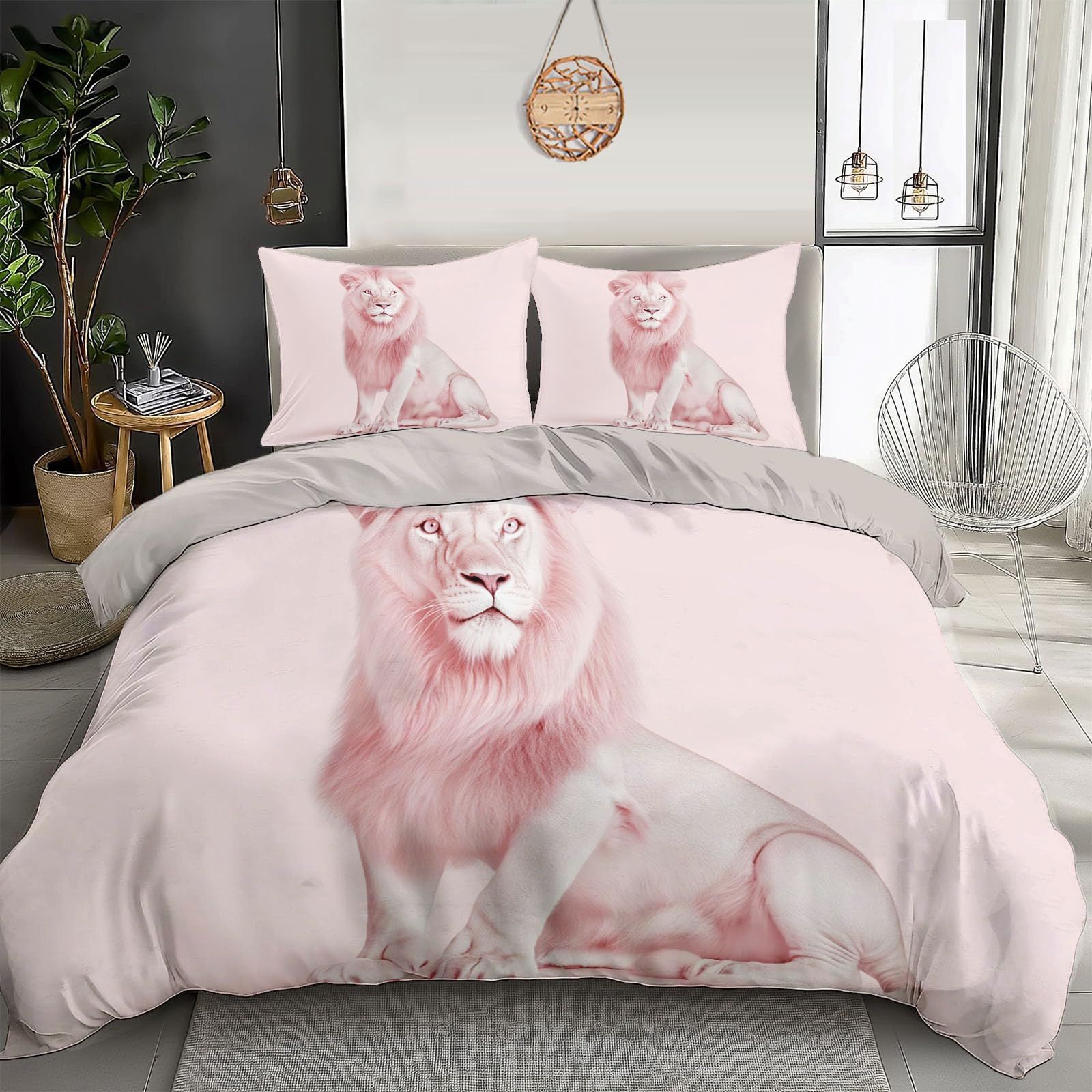 Housse de couette lion rose 240x260 en textile haut de gamme pour grand lit adulte