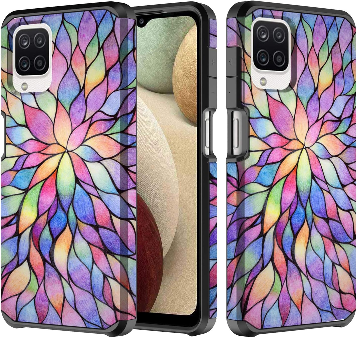 Galaxy Wireless Cases Comptible for Samsung Galaxy A12 w[Tempered Glass Screen Protector] Cute Girls Women Glitter Protective Phone Cover Cases - Rainbow Flower