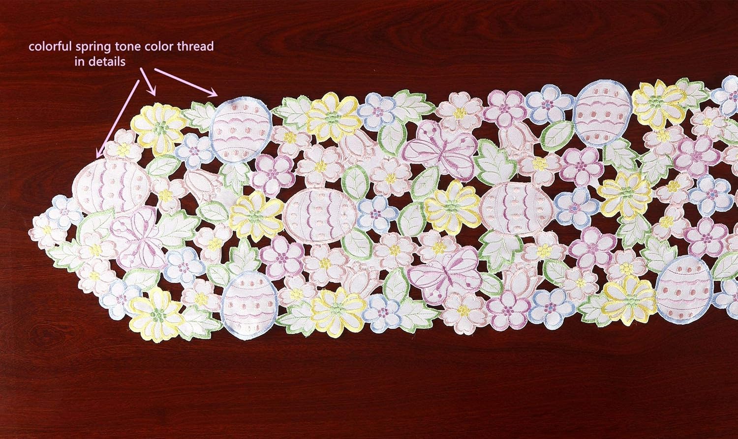 GRANDDECO GRANDDECO イースターエッグ フラワーテーブルランナー 13インチ×54インチ フローラルカットワーク 刺繍卵/バタフライド