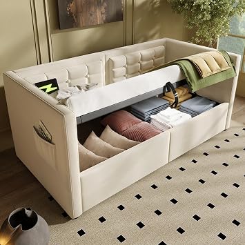 Upholstered Twin Size Daybed, Hydraulic Storage Twin Bed Frame with USB & Type-C Charging, Bed Frame with Wooden Slats and Tufted Sofa Back, Beige, Velvet Beige