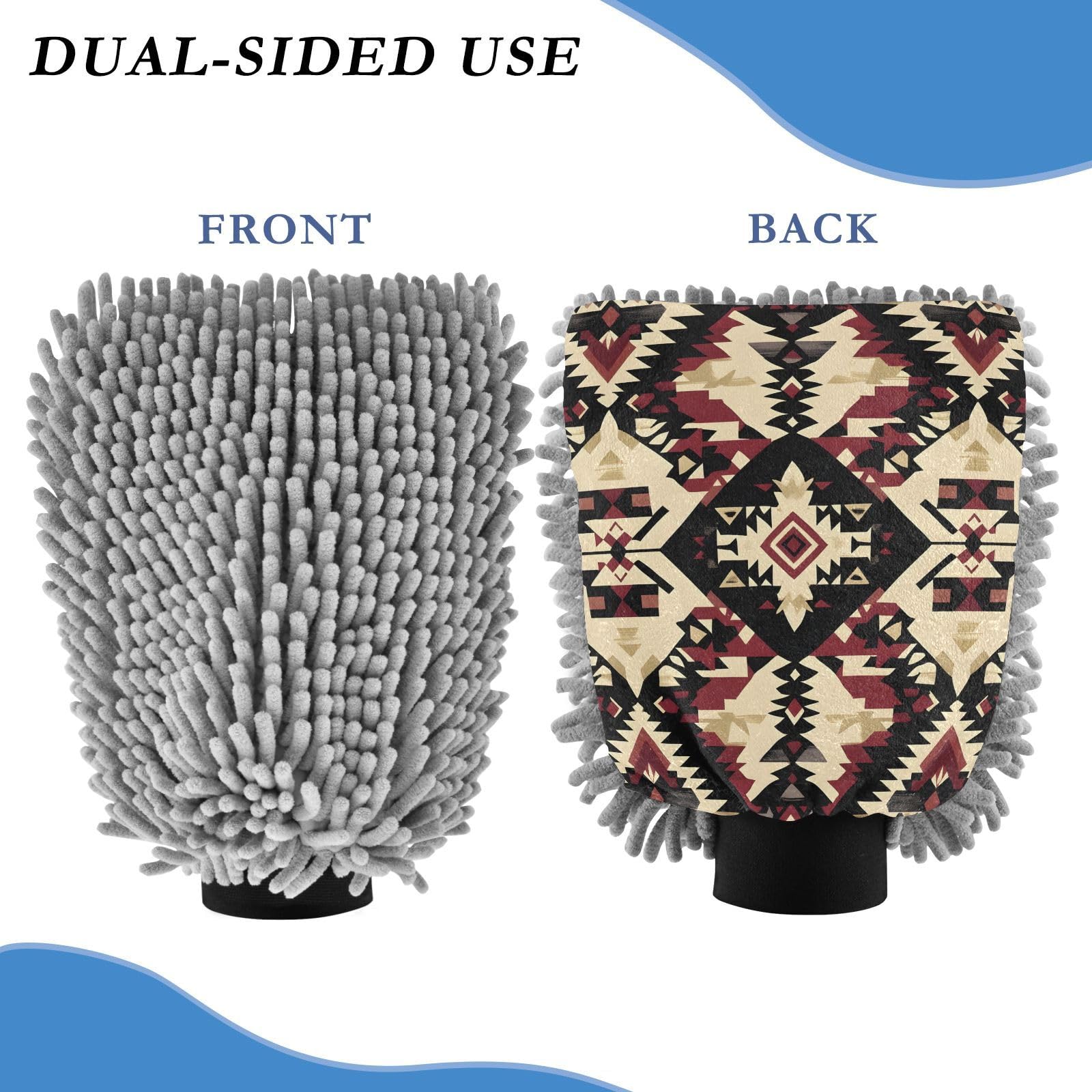 Flradish 2 Pack Traditional Tribal Texture Car Wash Mitt Chenille Microfiber Lint-Free Scratch Free Ultra-Soft Absorbent Car Wash Mitt 10.2x7.09 Inch