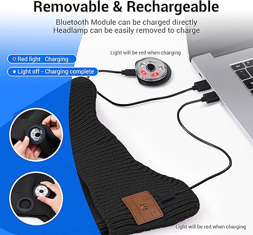 Miniatura 4 de Gorro Bluetooth con luz LED para niños, micrófono integrado y altavoces estéreo, gorro de punto con música recargable por USB (negro, niño)