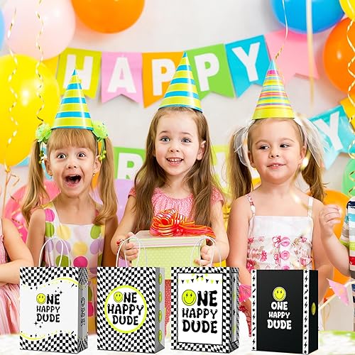 Miniatura 7 de Yeaqee 24 bolsas de recuerdo de fiesta de Happy Dude con asa, decoración de fiesta de primer cumpleaños, bolsa de regalo de cara sonriente de papel,