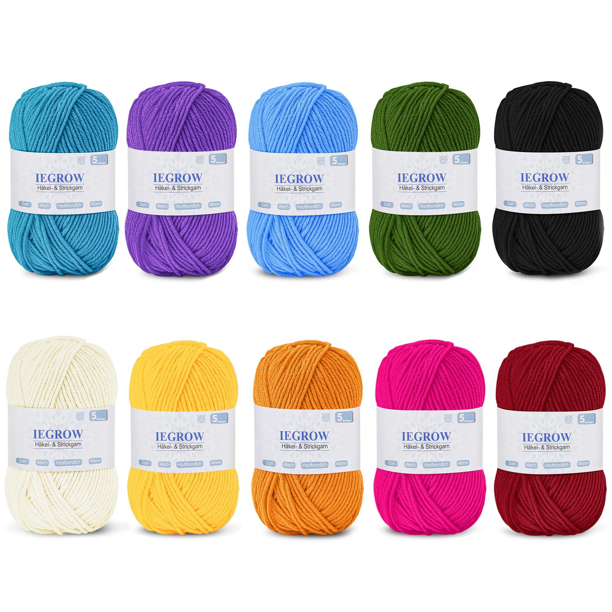 Häkelgarn (50g x 5 Farben), 5-fach Garn zum Stricken, Garn zum Häkeln und Stricken, Handstrickgarn-Sets