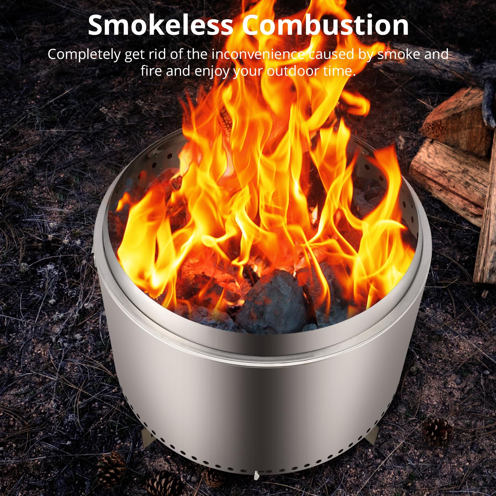Brasero Exterior sin Humo con Interruptor de Aire, 68.5 cm (27 Pulgadas), de Acero Inoxidable, con Soporte Desmontable y cenicero. Ideal para fogatas, picnics y Otras Actividades al Aire Libre como a