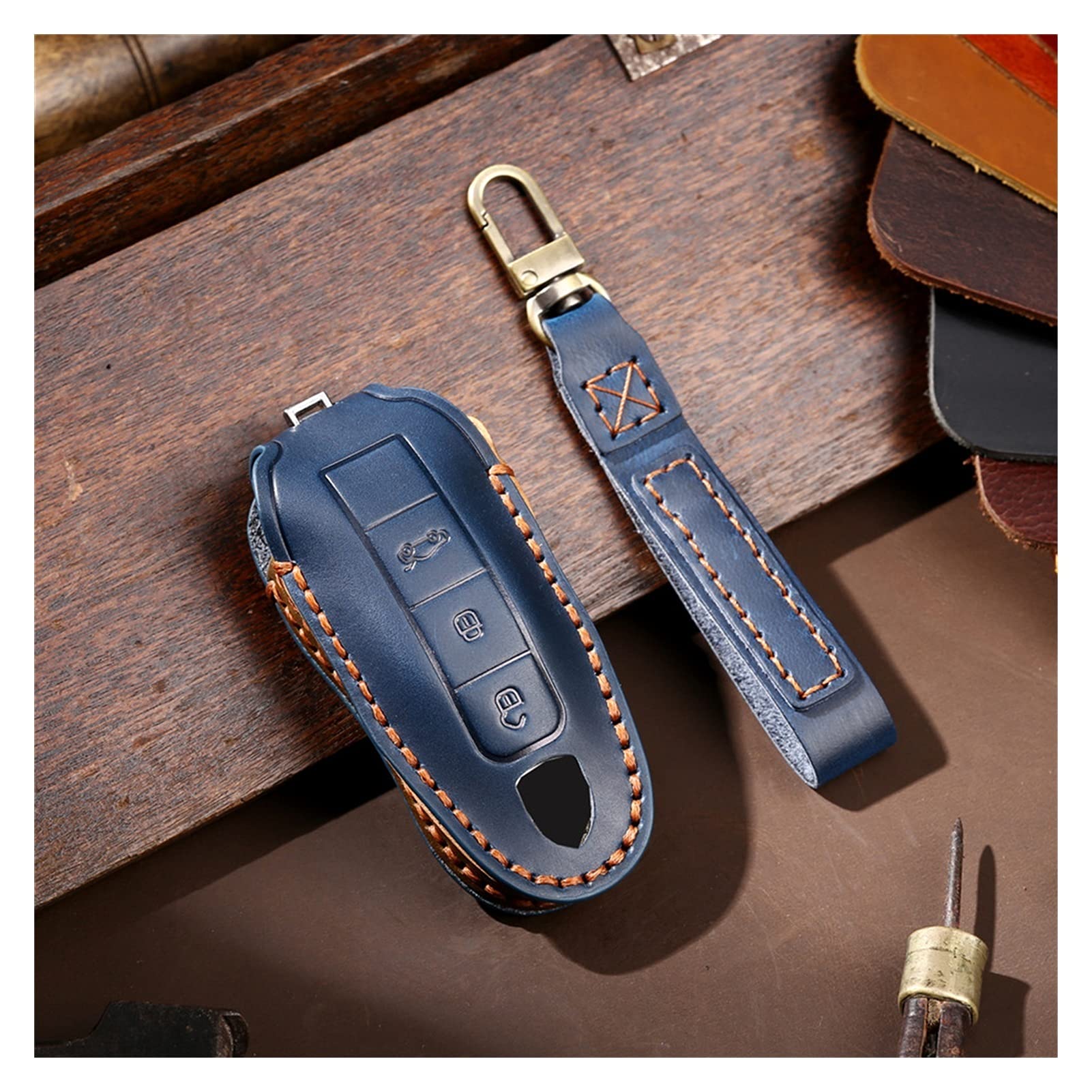 MYDH Car Fake Key Case Cover Bag Shell Keychain Wearable Car Key Case Cover Bag Smart Genuine Leather For Porsche 911 Cayenne Panamera (Color : Blue)