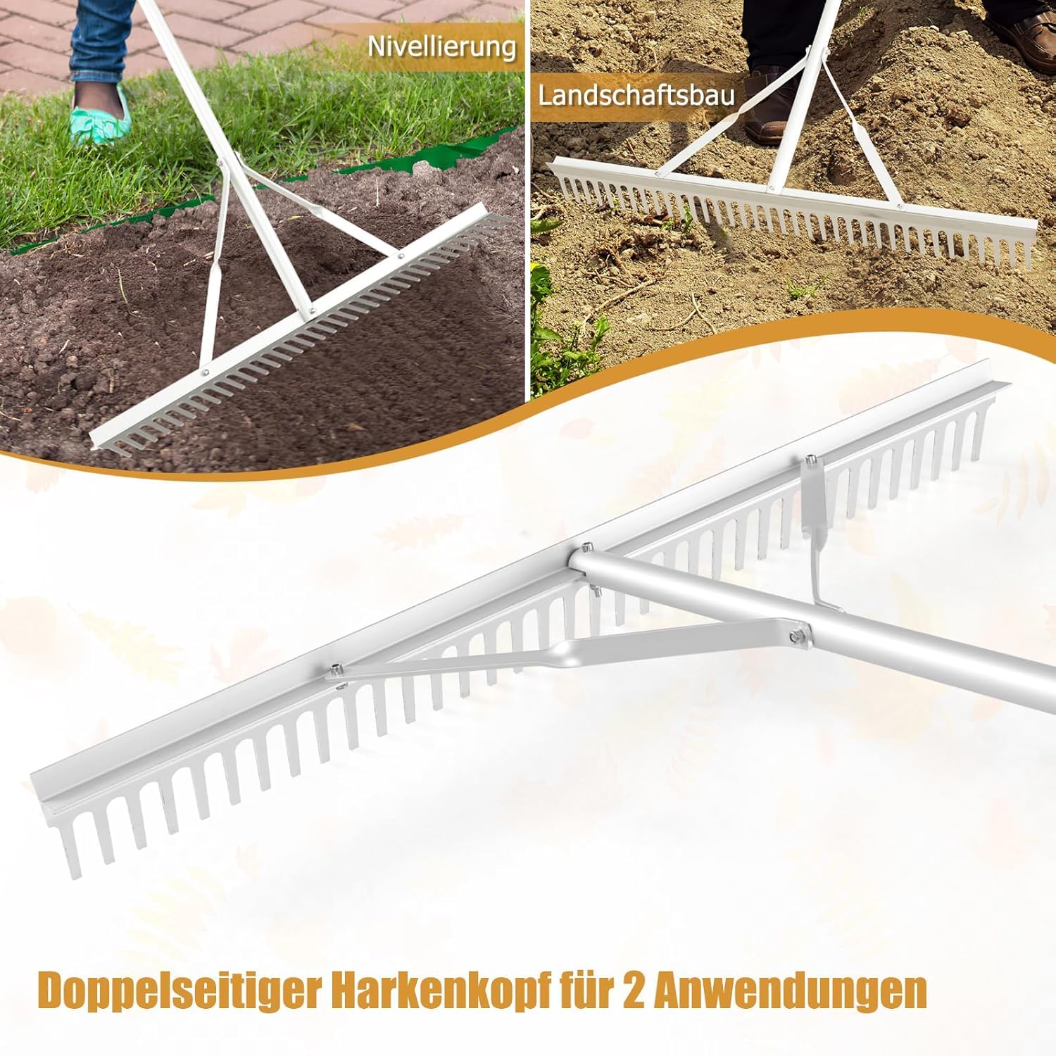 RELAX4LIFE Rechen, Gartenrechen mit 36 Zinken & 91 cm breitem Rechenkopf & 174 cm Stiel, Rasenrechen aus Aluminium, Laubrechen für Gartenpflege, Gartenwerkzeug für Rasen, Laub & Kies, Silber