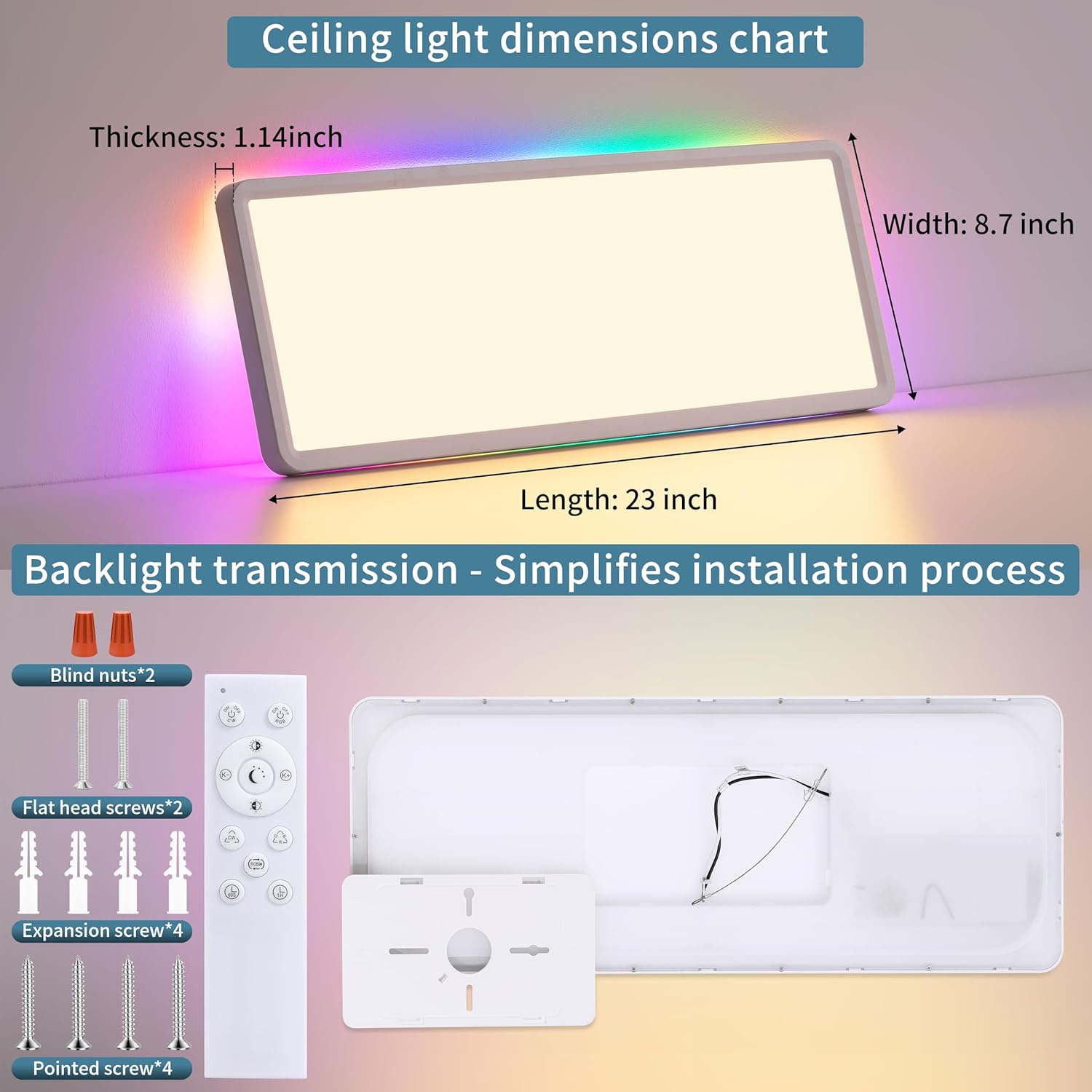 23 Inch RGB LED Flush Mount Ceiling Light with Remote, Close to Ceiling Light Fixture, 32W+7W Backlight, 3200LM Dimmable Color Changing Low Profile Rectangle, White, for Bedroom Kids Room Party RGB Dimmable
