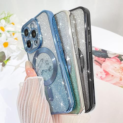 Vista 443 de Fiyart - Funda transparente magnética con purpurina para iPhone 12 para mujeres, con grabado "Love" metálico, protección para cámara y antigolpes