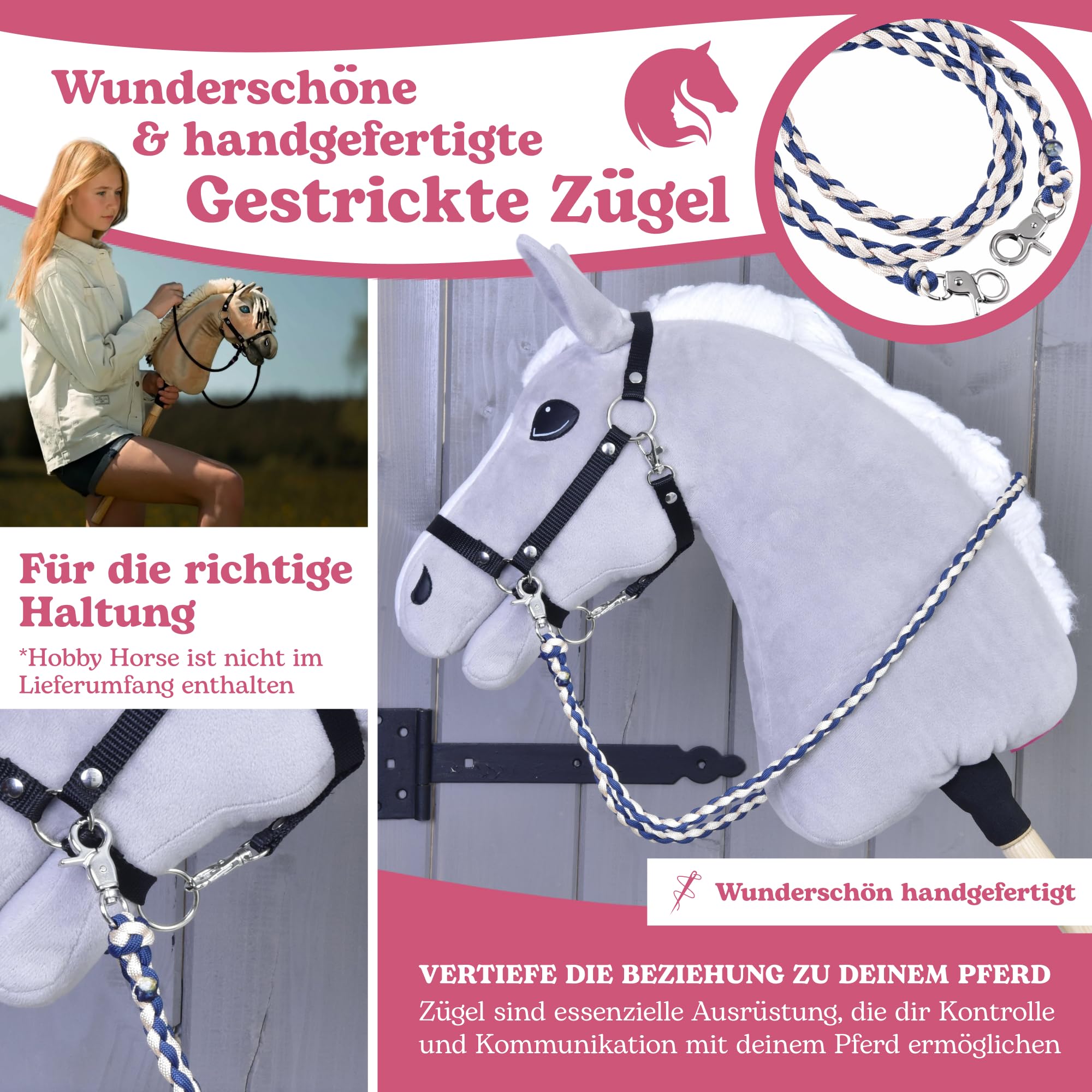 LarDen Accesorios para caballos Hobby Horse – Riendas | Cremo Blue (beige, azul) | Hecho a mano | para caballos atascados, caballos de palo, caballos de hobby Horsing, caballo de juego, caballo de
