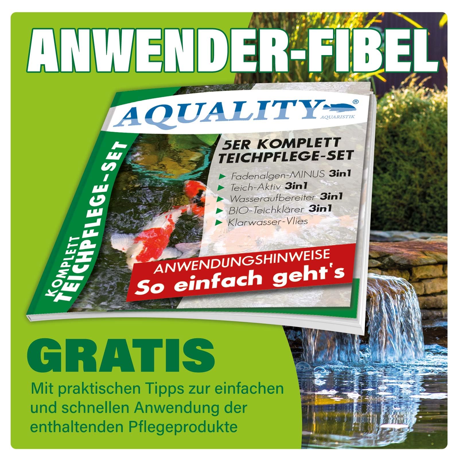AQUALITY 5er Teichpflege Komplettset (Perfekte Gartenteich-Pflege. Wasseraufbereiter, Teichklärer, Teich-Aktiv und Fadenalgen-Vernichter + GRATIS Anwender-Fibel), Set-Größe:XXL Teichpflege-Set