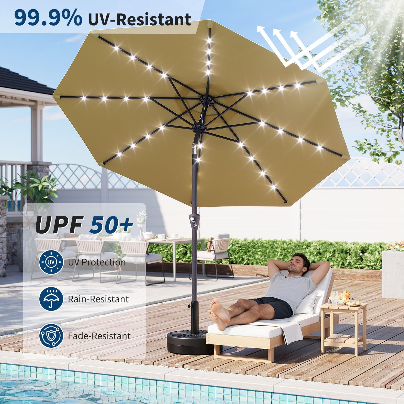 Solar-Sonnenschirm 305 cm, 32 LED-Leuchten solarbetrieben, UV-Schutz 50+, wasserabweisend, Kurbel, neigbar, 8 robuste Eisenrippen, Marktschirm für Terrasse, Pool, Garten, Bräunen