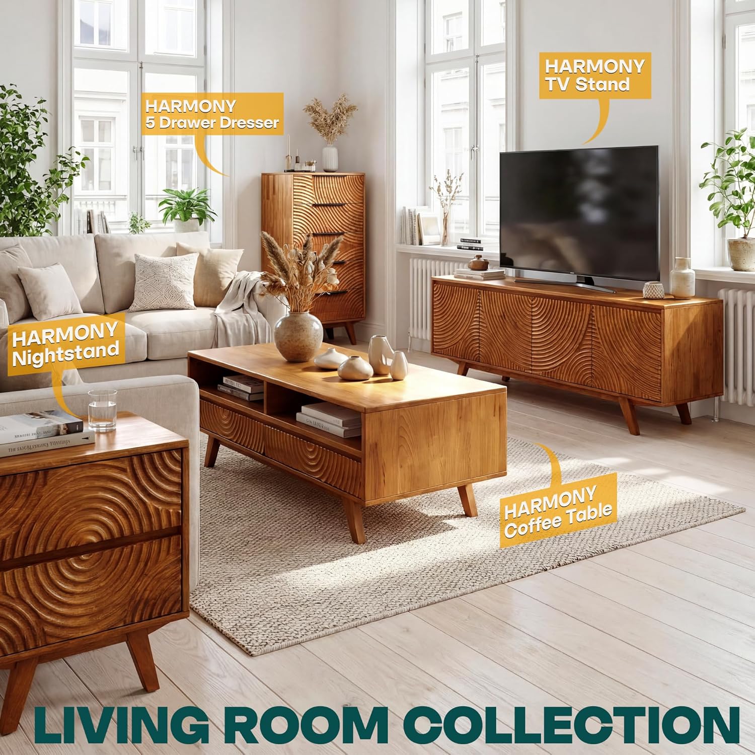 Acacia Harmony Wooden Coffee Table, Solid Rubberwood Living Room Table with Drawers & Open Storage, 47.2" L, Perfect Coffee Tables for Living Room Furniture, Waterproof & Scratch Resistant, Walnut