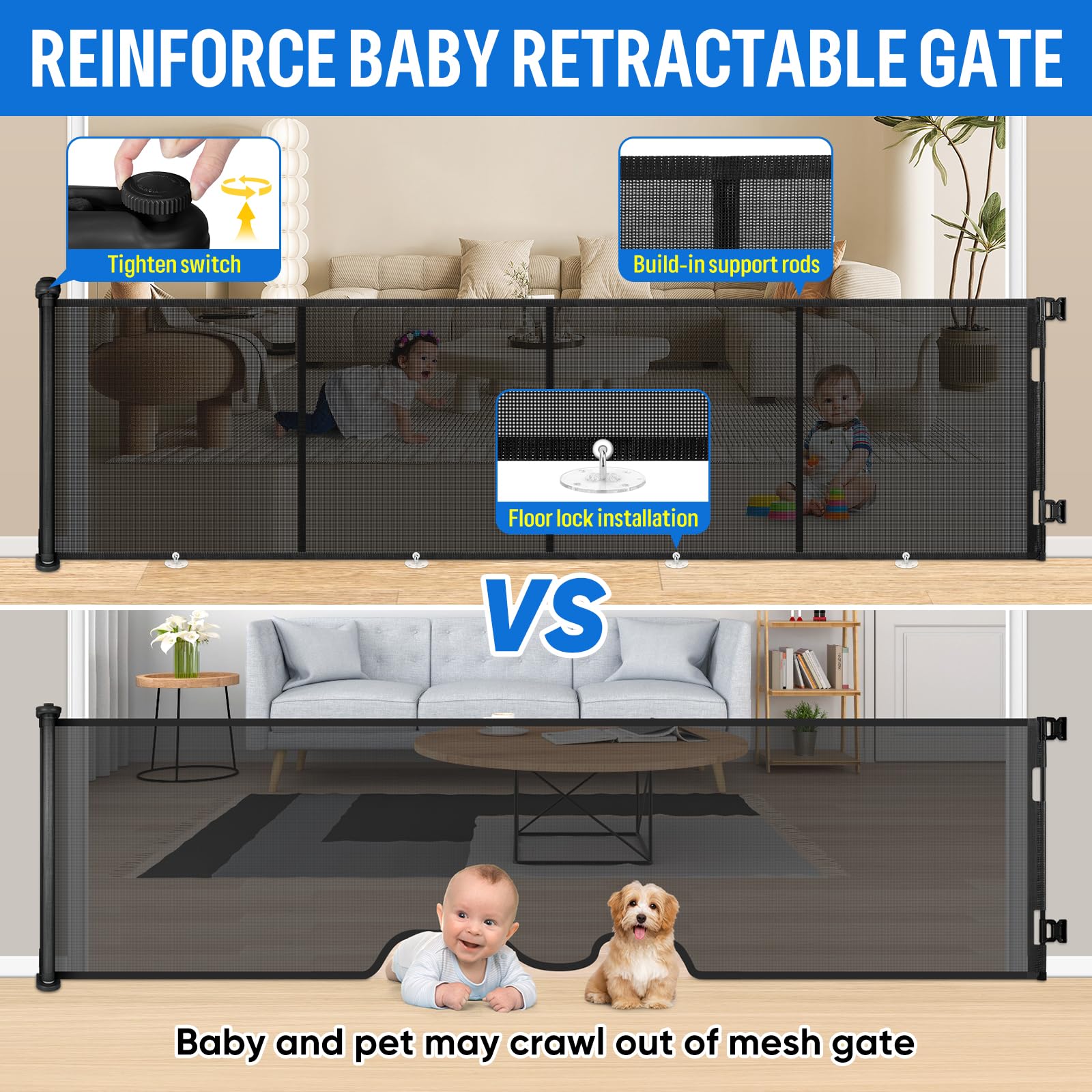Cancelletto di Sicurezza Retrattile per Bambini, 0-500 cm Cancelletto Estensibile per Bambini Scale e Corridoi Interni ed Esterni Cancello per Cani (Nero)