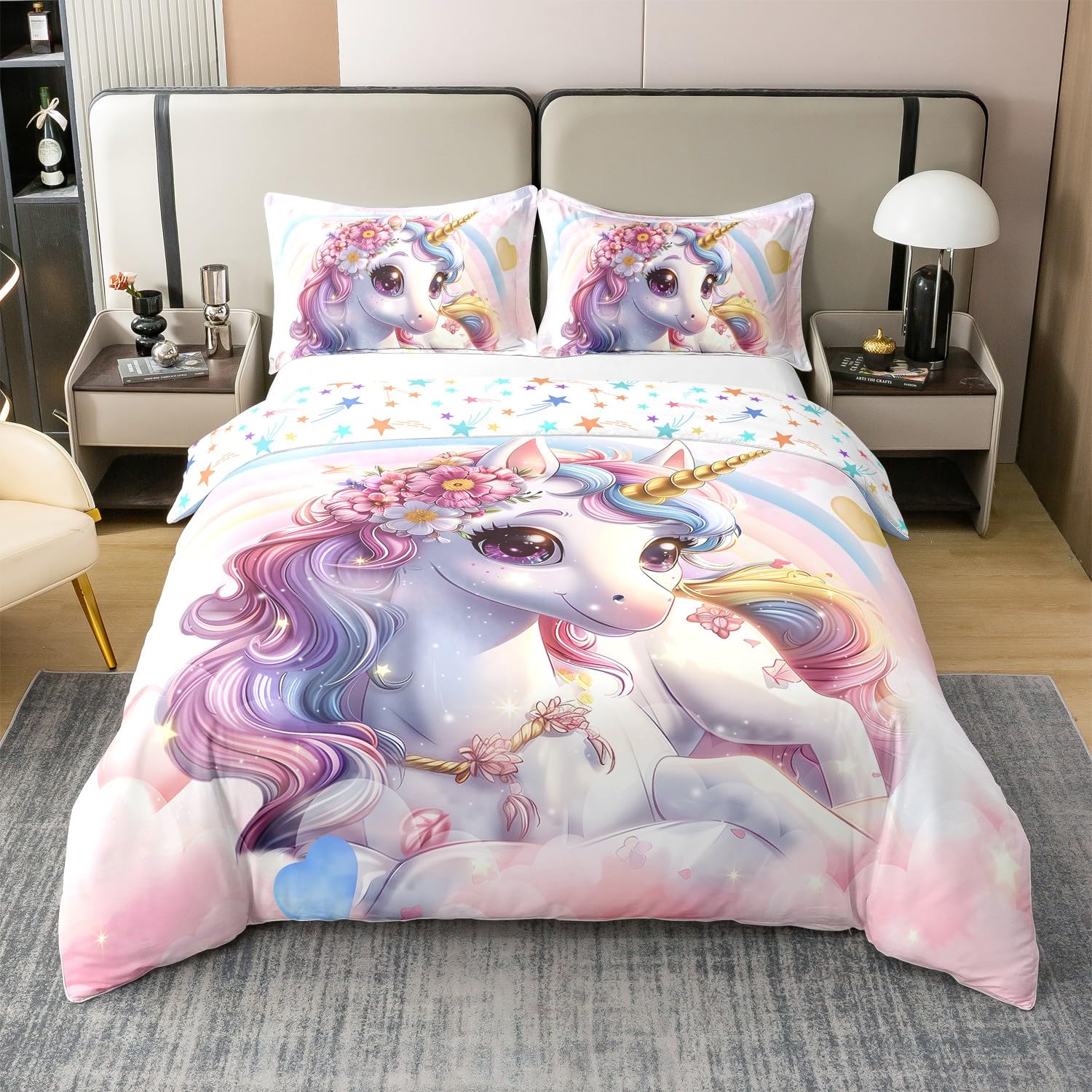 Funda nórdica 135x200 de algodón orgánico con estrellas reversibles para cama infantil