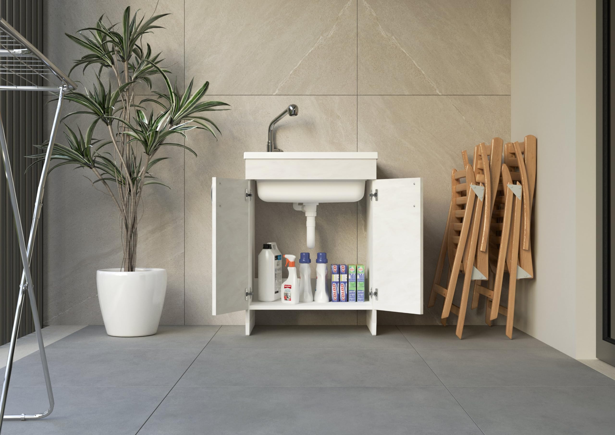 Mobile lavatoio da esterno in legno nobilitato con asse ribaltabile in polipropilene 60x50x85 cm doppia anta e piedini regolabili