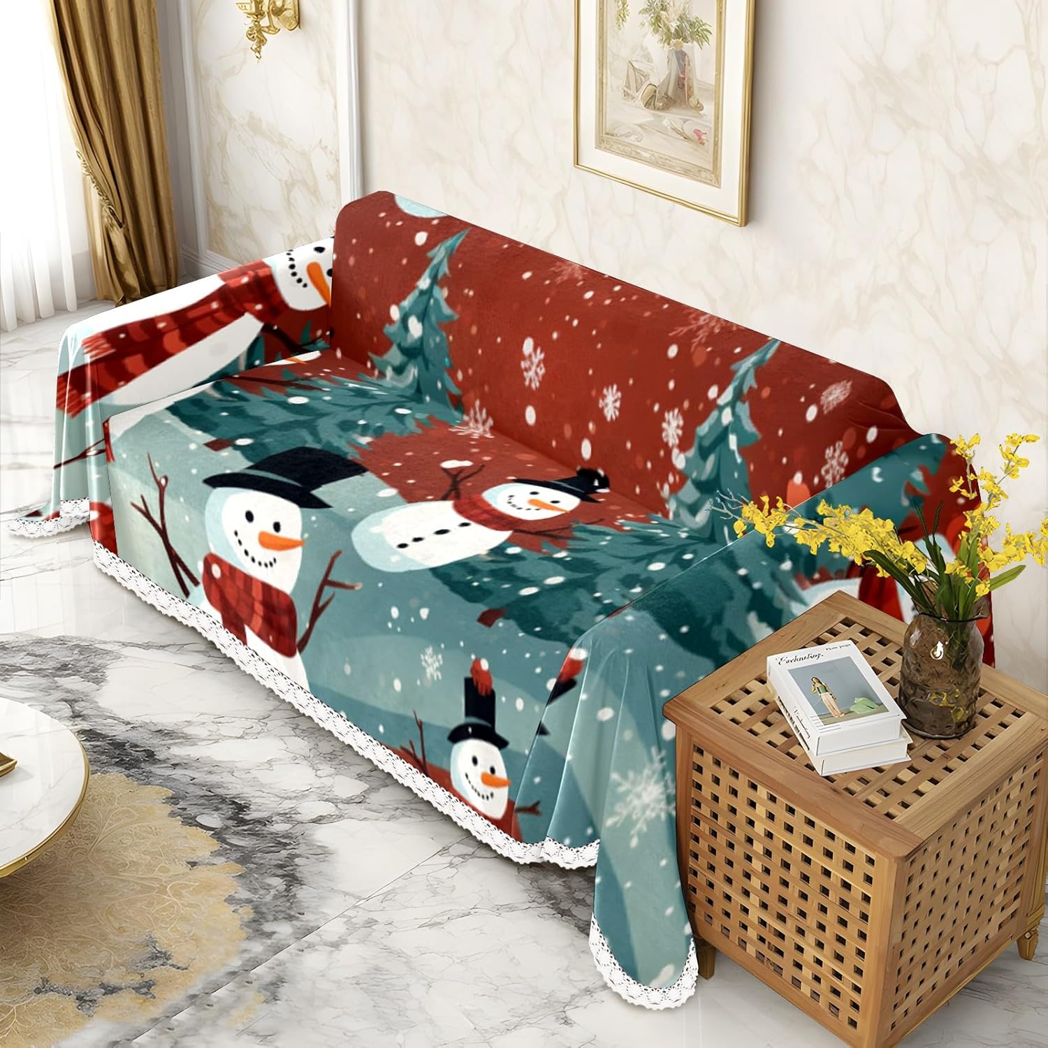 HELVOON Snowman Snowflakes Christmas Tree Polyester Couch