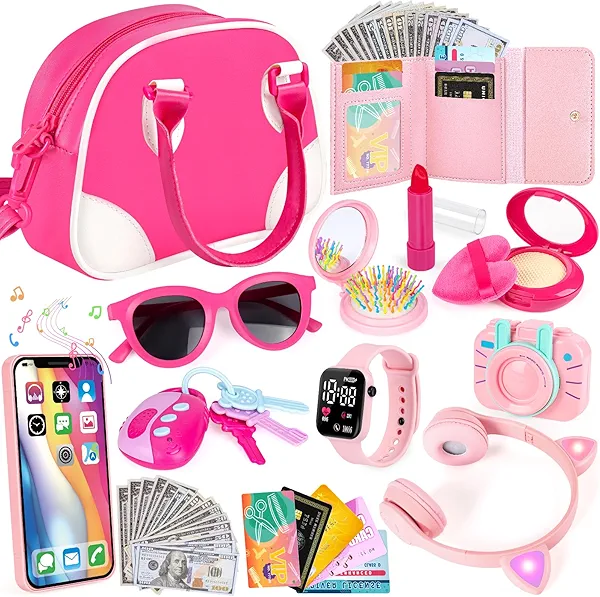Play Purse for Little Girls, Toddler Purse Accessories with Pretend Play Headset, Handbag, Toy Phone, Wallet, Kids Pretend Makeup Birthday Christmas Princess Gifts Toys for Girls