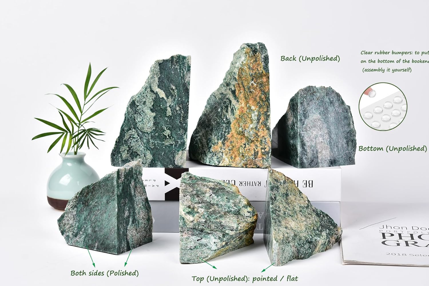 AMOYSTONE Green Mica Stone Non-Slip Bookends for Small/Kids Books | Rubber Bumpers & 2-3LBS Weight | Home Office Desk Organizer